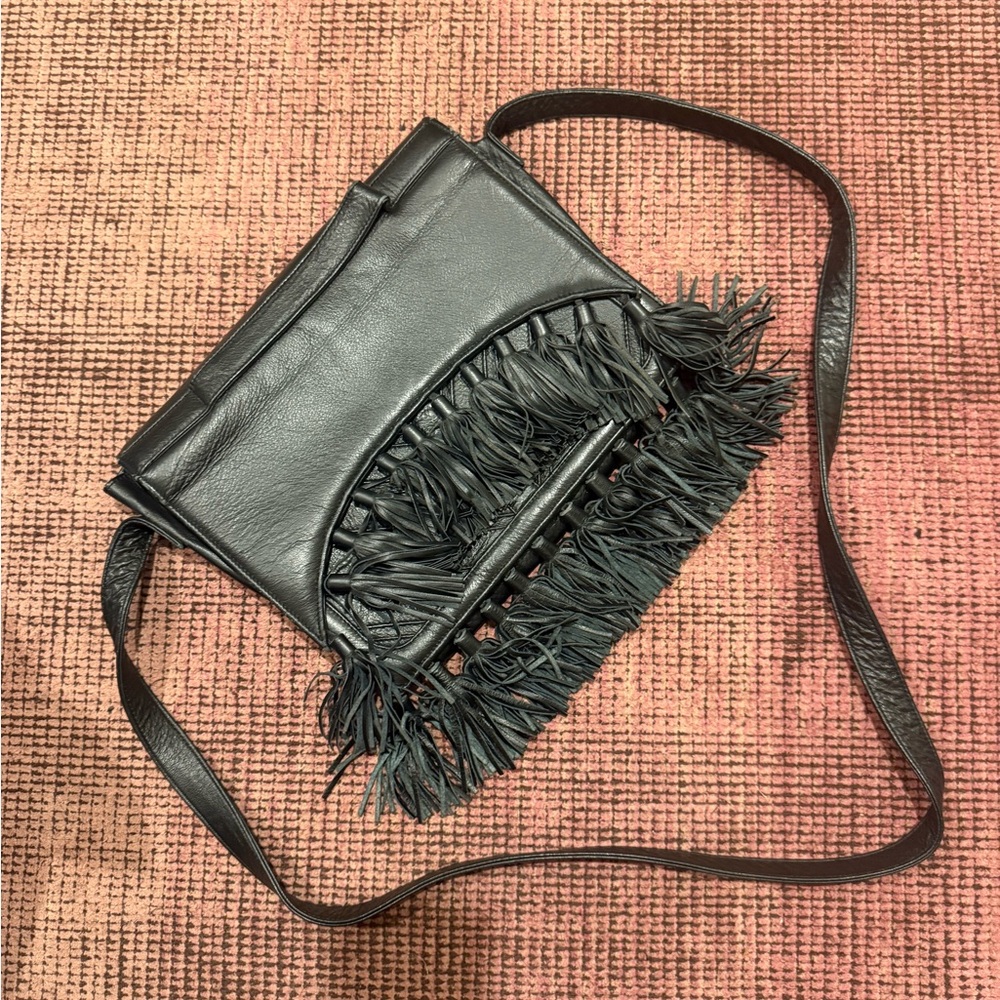 Designer genuine soft leather Black Fringe Crossbody Bag